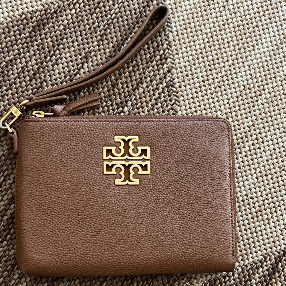 Tory Burch Brown Leather Wristlet with Gold Logo